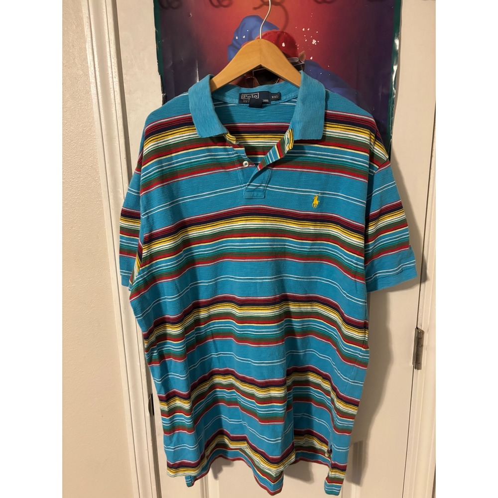 Polo Ralph Lauren Mens XXL Blue Multi Color Striped Short Sleeve aztec Polo